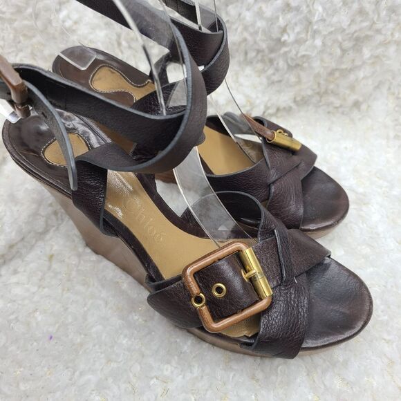 Chloe brown leather ankle wrap wedge sandals 36.5 - Picture 3 of 10